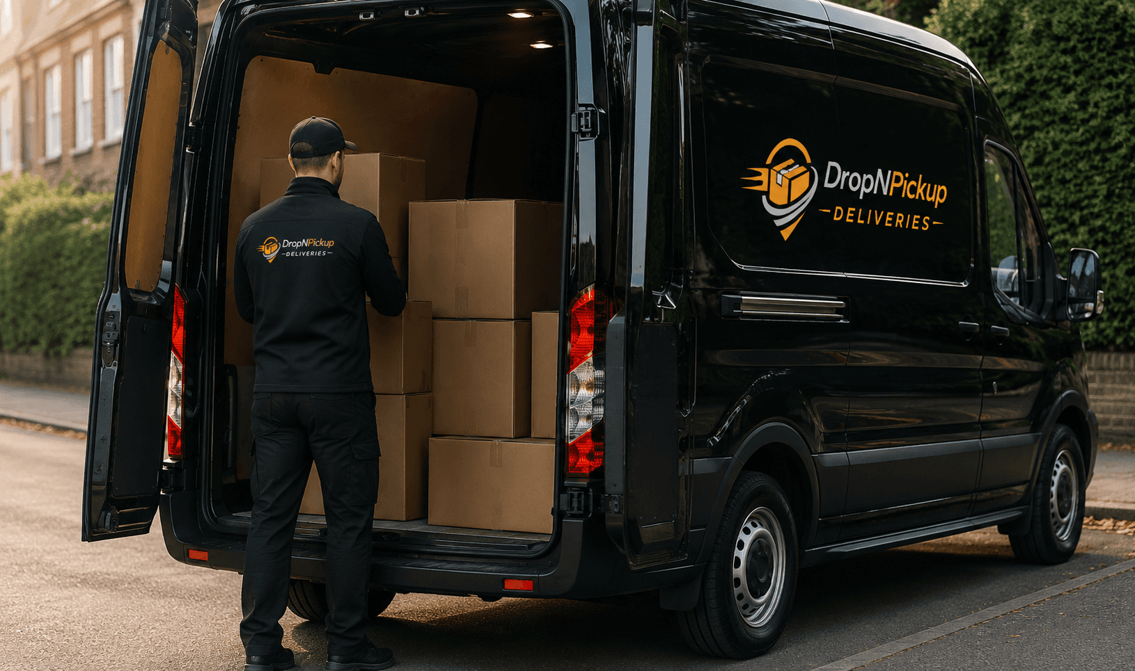 A DropNPickUp courier loading cardboard boxes into the back of a black branded delivery van on a British residential street.